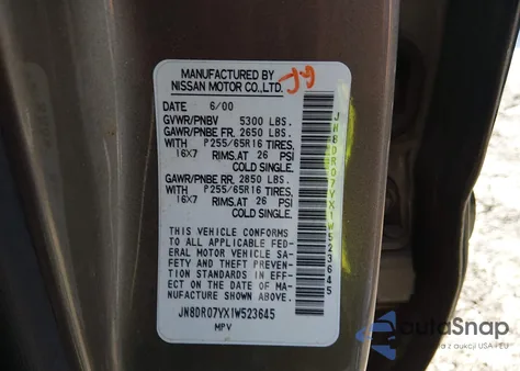 2001 Nissan Pathfinder Le из США, поврежденный, VIN JN8DR07YX1W523645